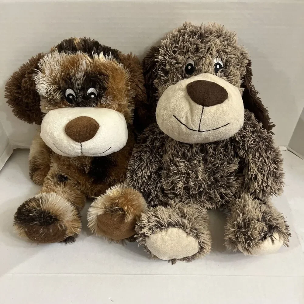 2 Pacific Fluffy Puppy Dog Plush Squeakers Embroidered Eyes Floppy 17” Brown